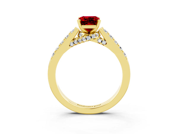 Yellow gold Emerald Cut Ruby Solitaire Ring with Crossover Gallery and Round  Pavé Band