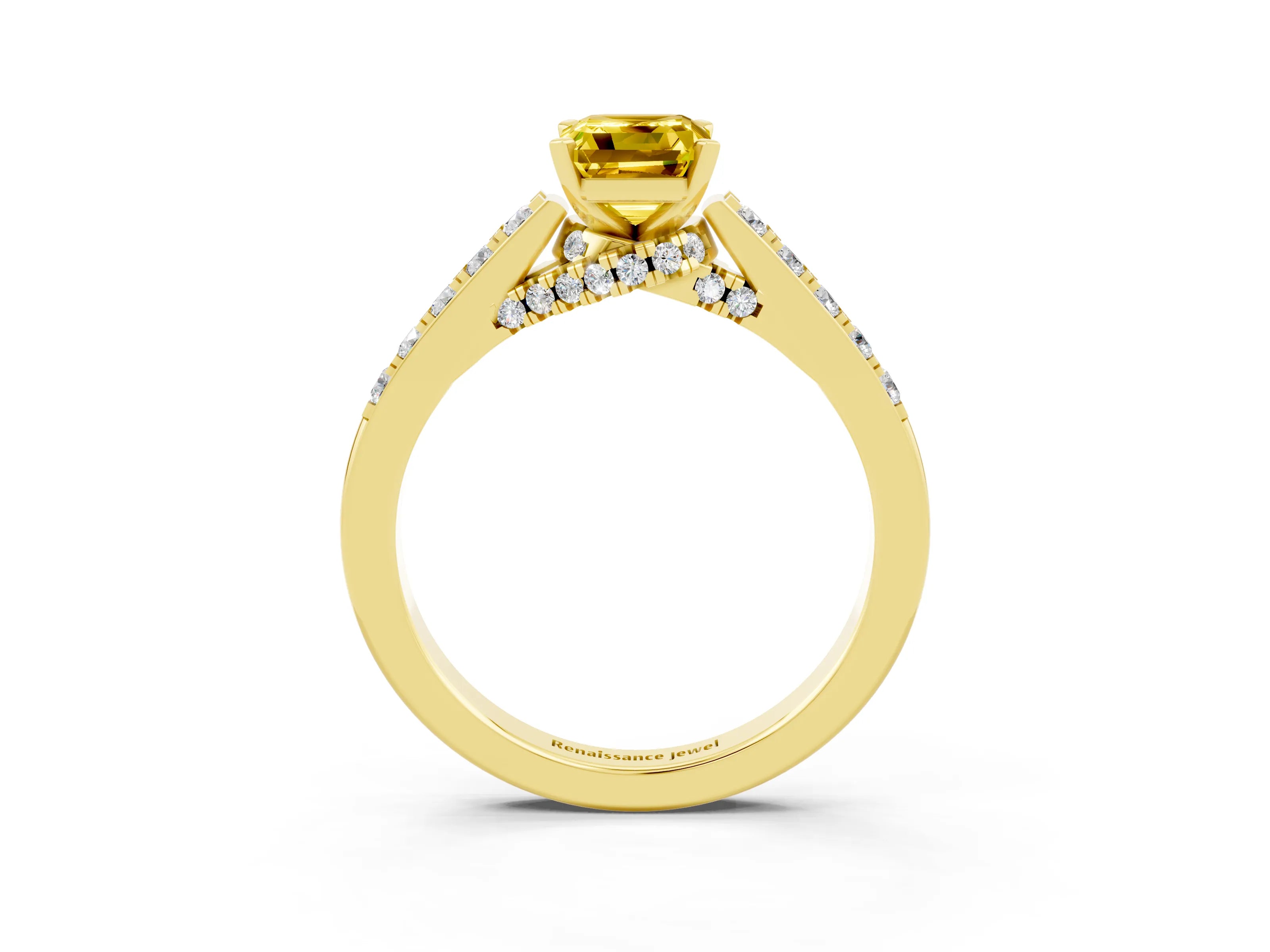 Yellow gold Emerald Cut Diamond Solitaire Ring with Pavé Band and Prong Setting_3