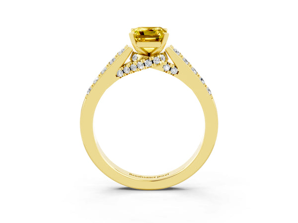 Yellow gold Emerald Cut Yellow Sapphire Solitaire Ring with Crossover Gallery and Round  Pavé Band