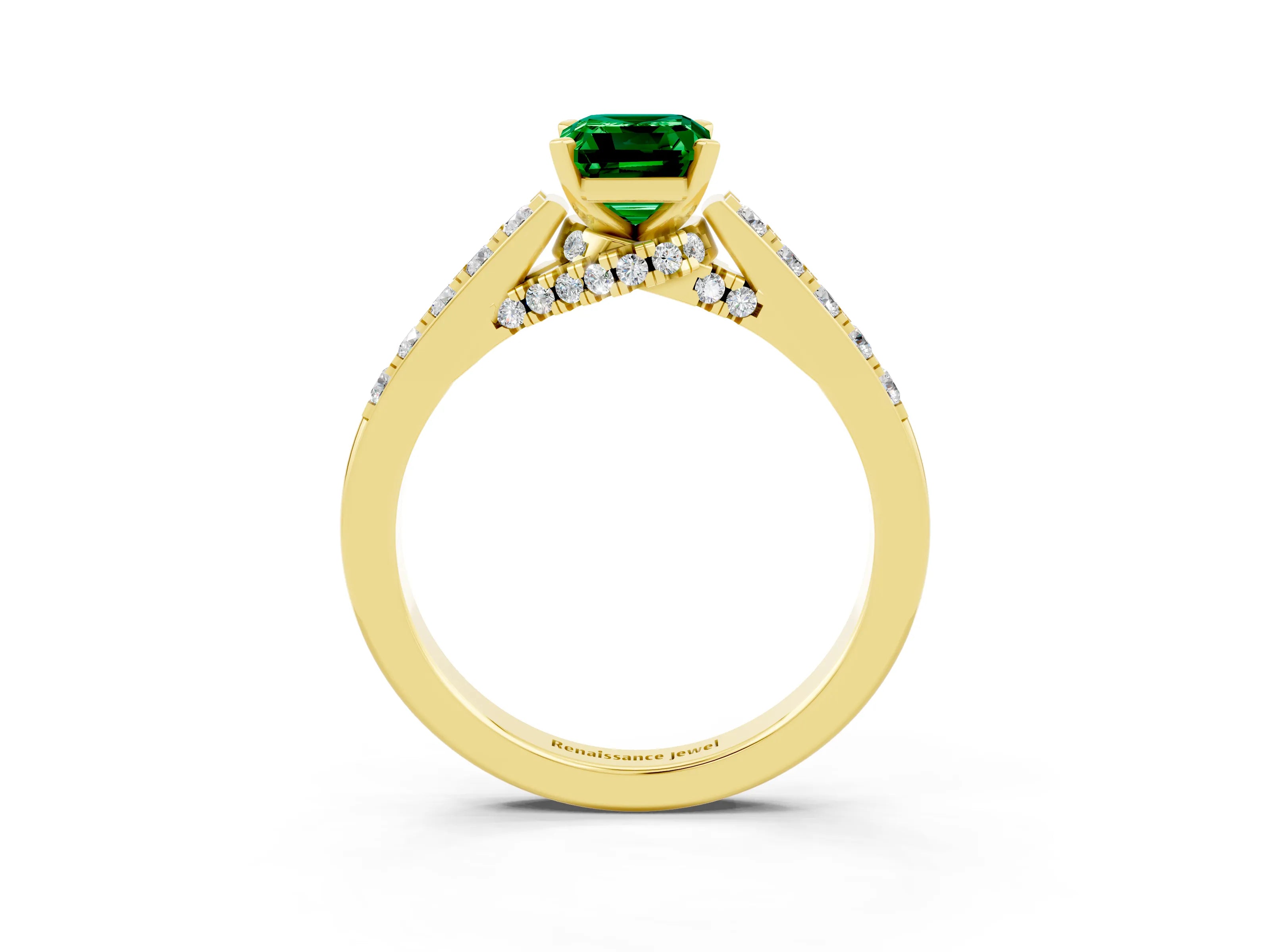 Yellow gold Emerald Cut Diamond Solitaire Ring with Pavé Band and Prong Setting_3