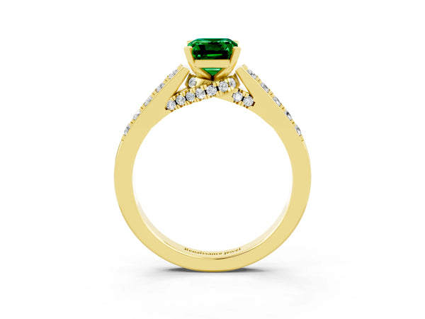 Yellow gold Emerald Cut Emerald Solitaire Ring with Crossover Gallery and Round  Pavé Band