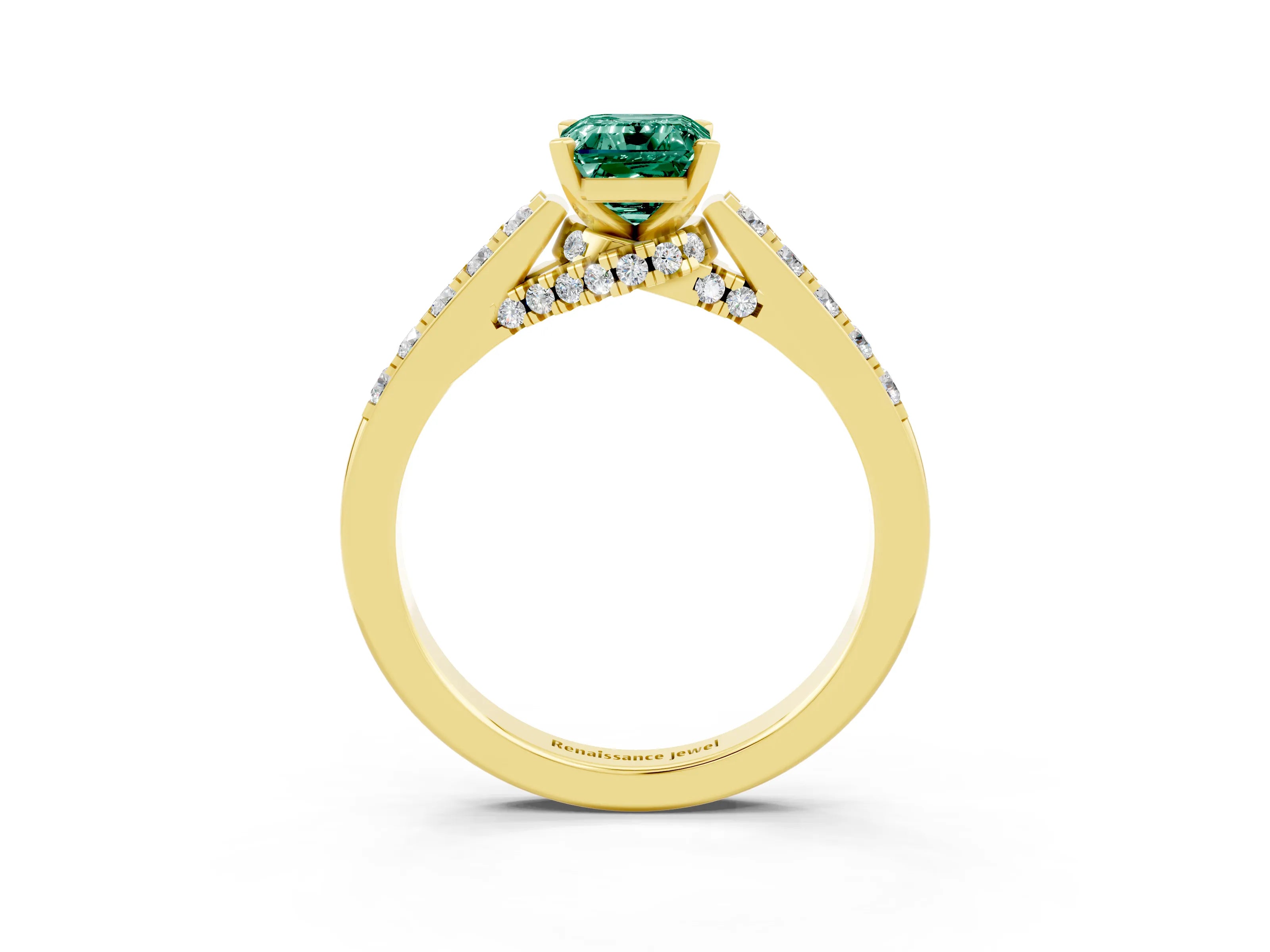 Yellow gold Emerald Cut Diamond Solitaire Ring with Pavé Band and Prong Setting_3