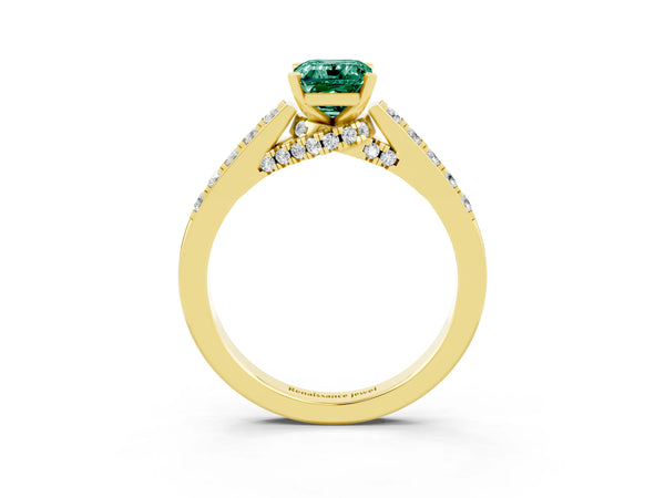 Yellow gold Emerald Cut Green Sapphire Solitaire Ring with Crossover Gallery and Round  Pavé Band