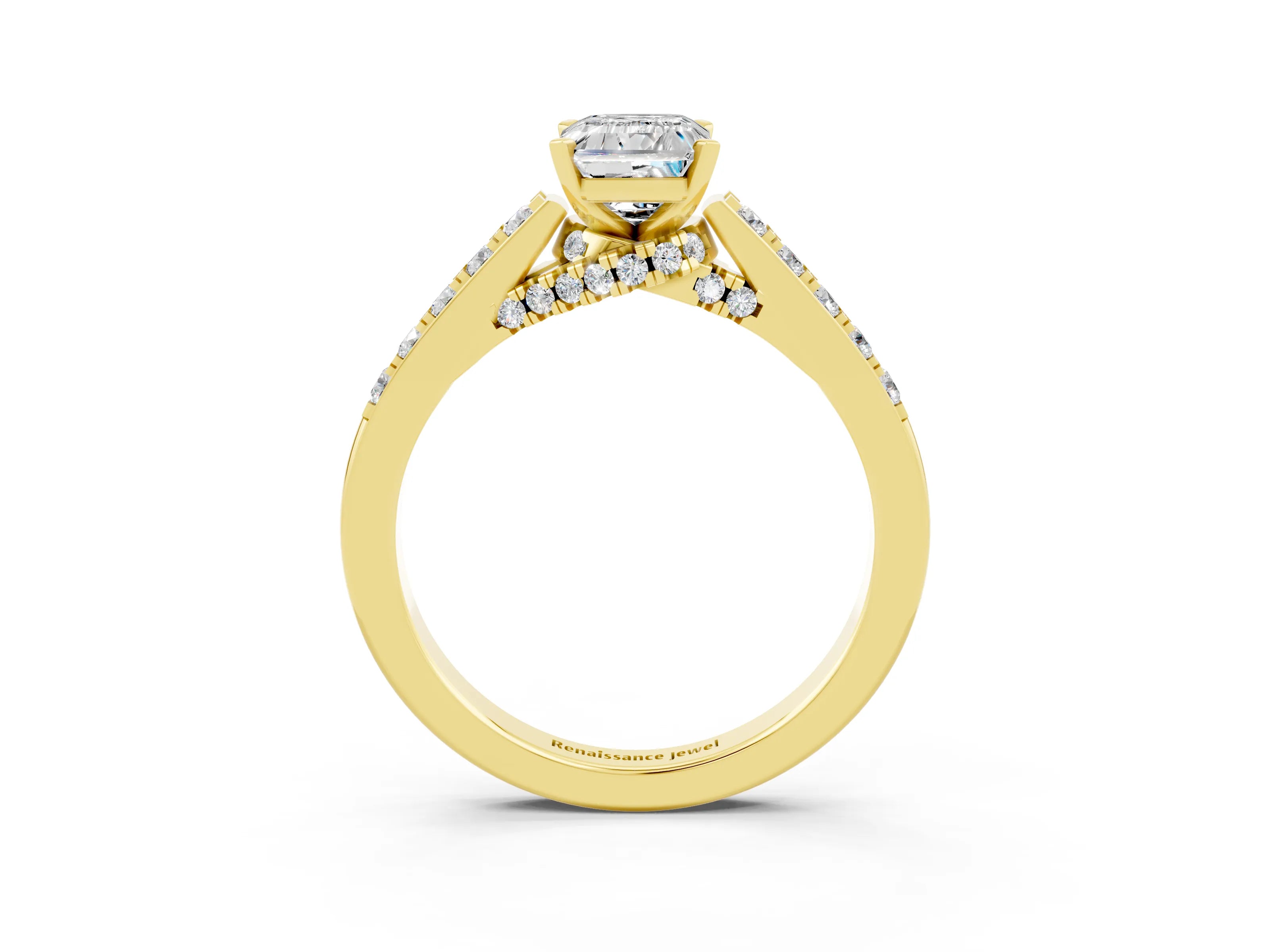 Yellow gold Emerald Cut Diamond Solitaire Ring with Pavé Band and Prong Setting_3