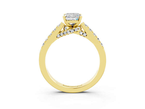 Yellow gold Emerald Cut Moissanite Solitaire Ring with Crossover Gallery and Round  Pavé Band