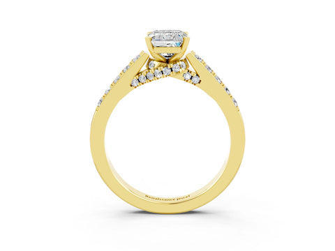 Yellow gold Emerald Cut Diamond Solitaire Ring with Pavé Band and Prong Setting_3
