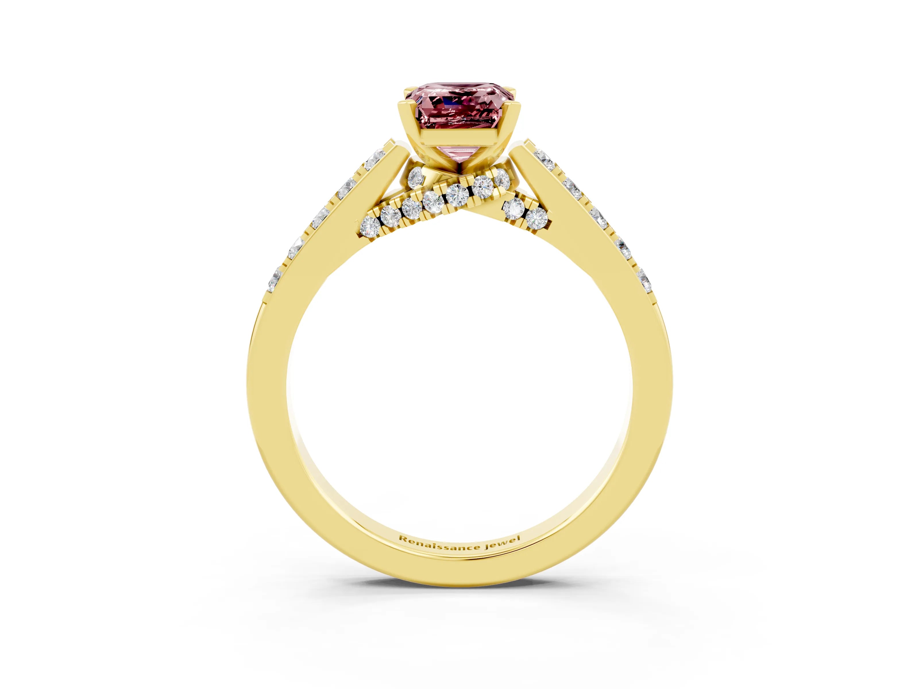 Yellow gold Emerald Cut Diamond Solitaire Ring with Pavé Band and Prong Setting_3