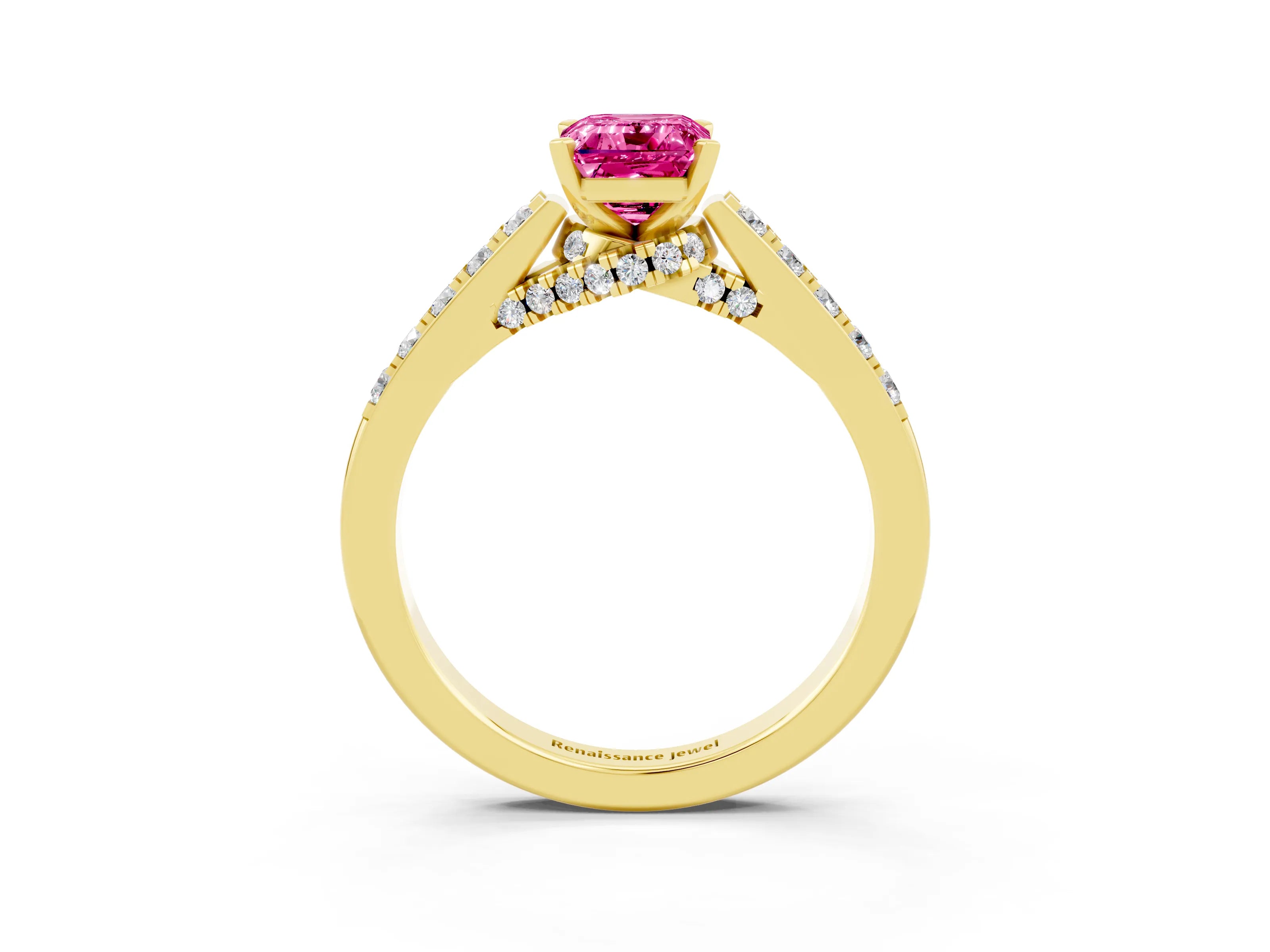 Yellow gold Emerald Cut Diamond Solitaire Ring with Pavé Band and Prong Setting_3