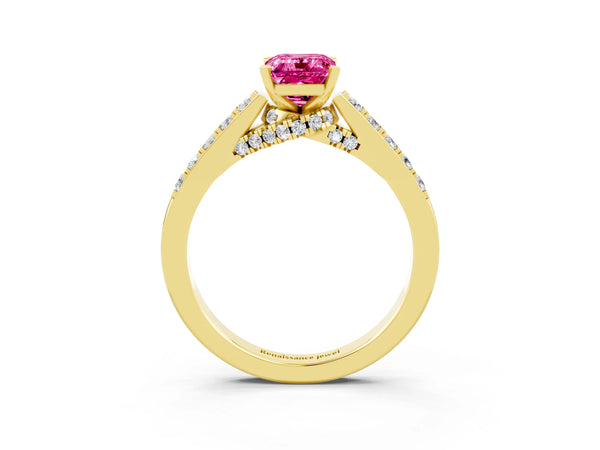 Yellow gold Emerald Cut Pink Sapphire Solitaire Ring with Crossover Gallery and Round  Pavé Band