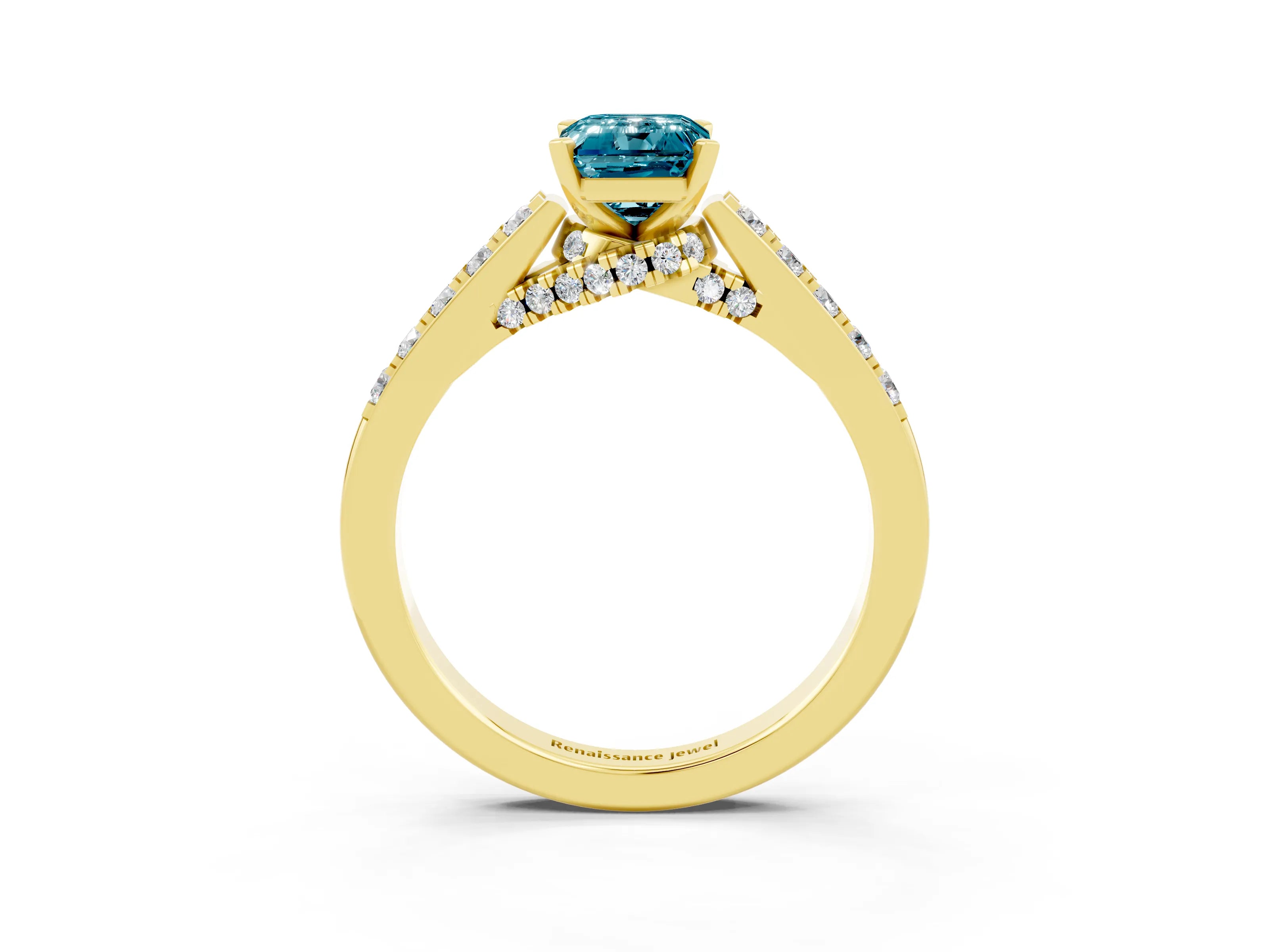 Yellow gold Emerald Cut Diamond Solitaire Ring with Pavé Band and Prong Setting_3