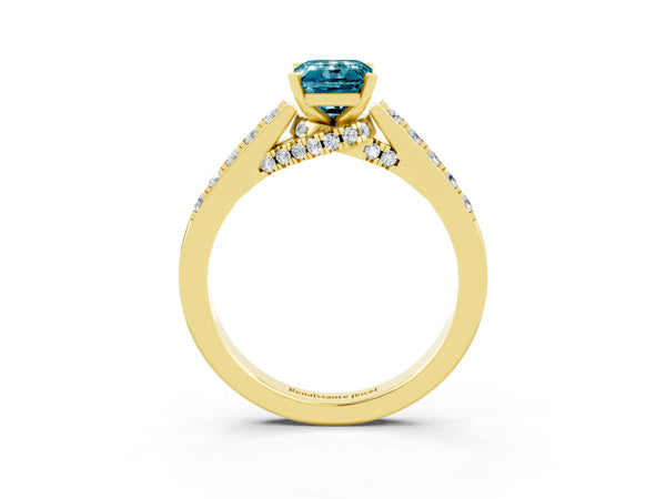 Yellow gold Emerald Cut Blue Topaz Solitaire Ring with Crossover Gallery and Round  Pavé Band