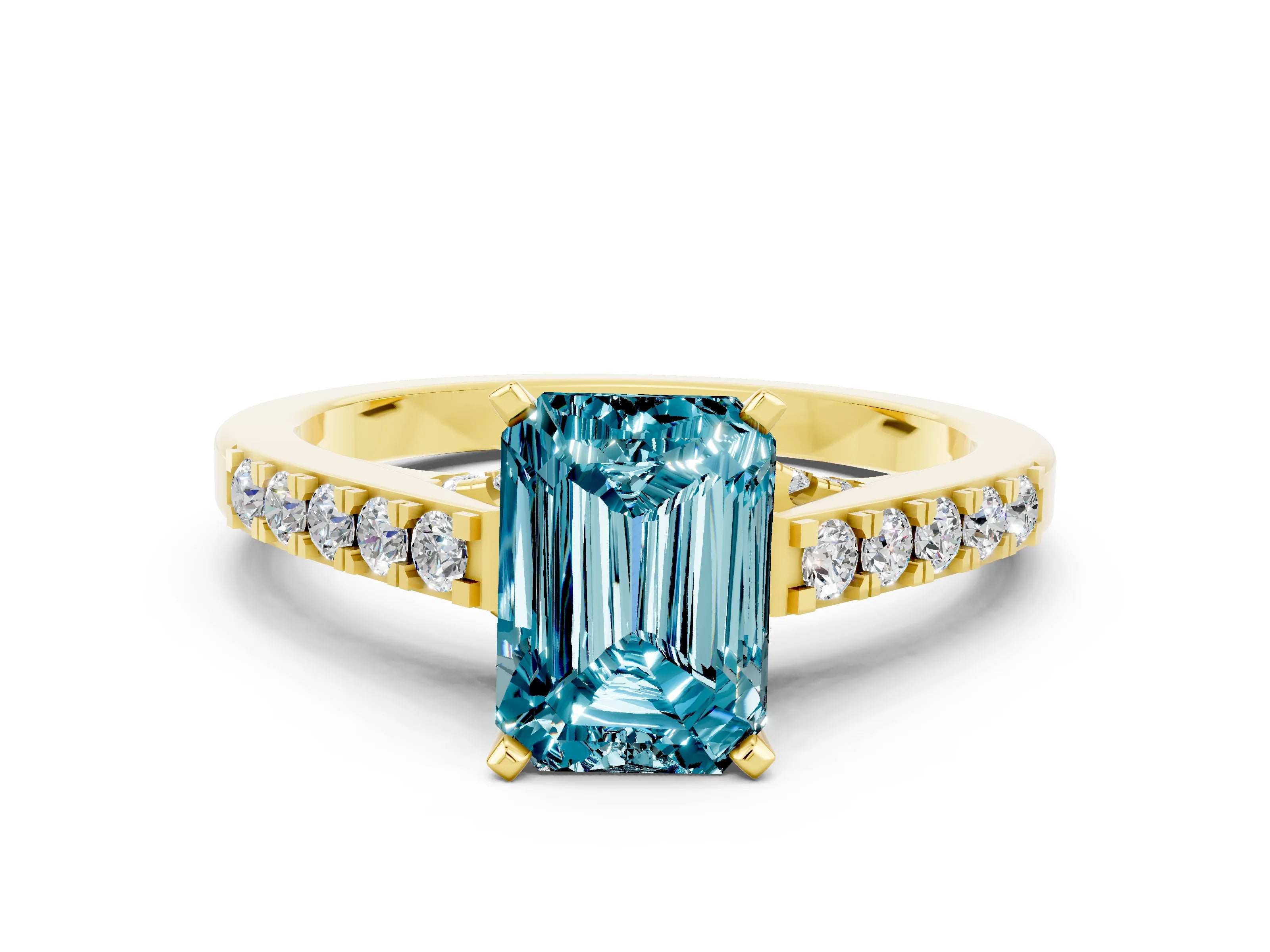 Yellow gold Emerald Cut Diamond Solitaire Ring with Pavé Band and Prong Setting