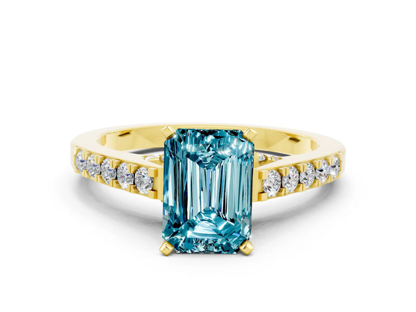 Yellow gold Emerald Cut Blue Topaz Solitaire Ring with Crossover Gallery and Round  Pavé Band
