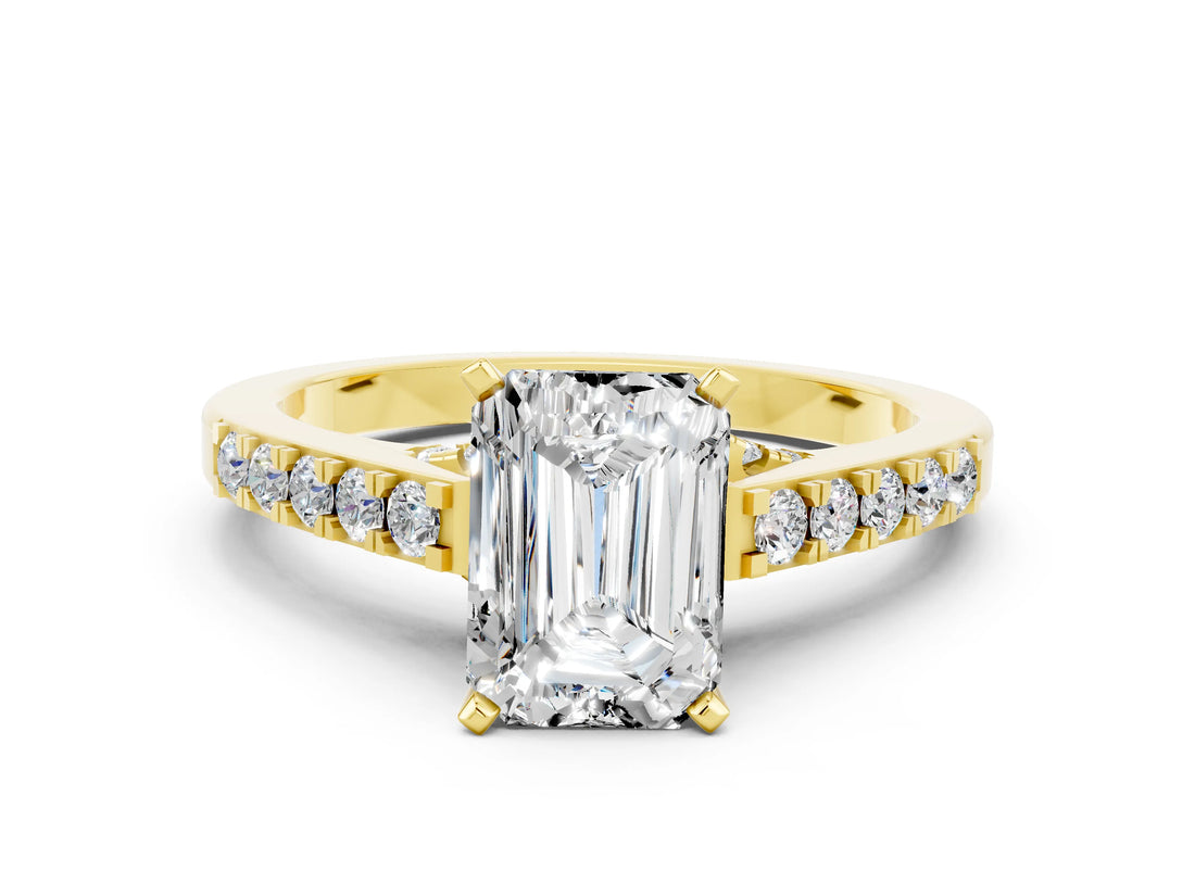 Yellow gold Emerald Cut Diamond Solitaire Ring with Pavé Band and Prong Setting