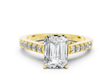 Yellow gold Emerald Cut Diamond Solitaire Ring with Pavé Band and Prong Setting