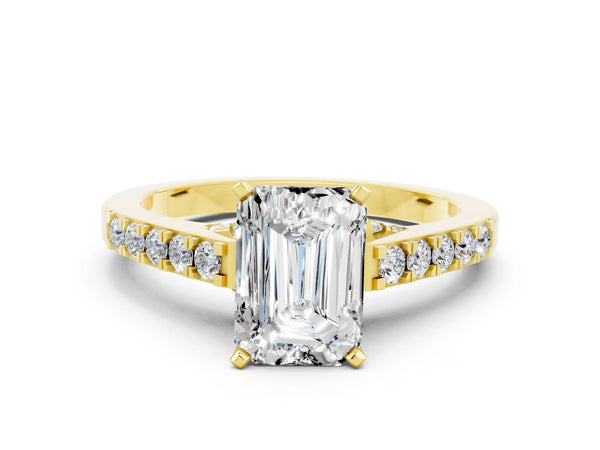Yellow gold Emerald Cut Moissanite Solitaire Ring with Crossover Gallery and Round  Pavé Band