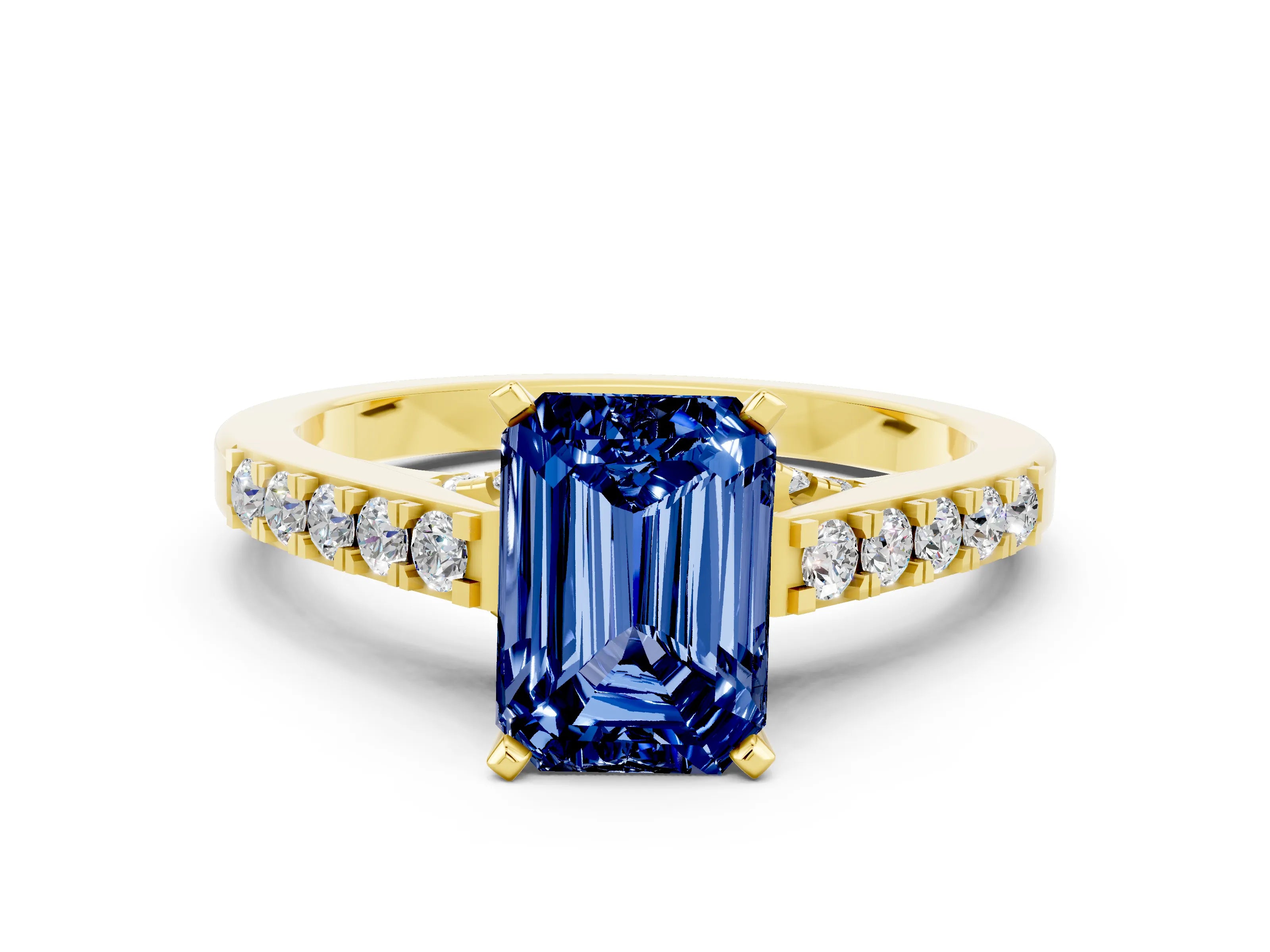 Yellow gold Emerald Cut Diamond Solitaire Ring with Pavé Band and Prong Setting