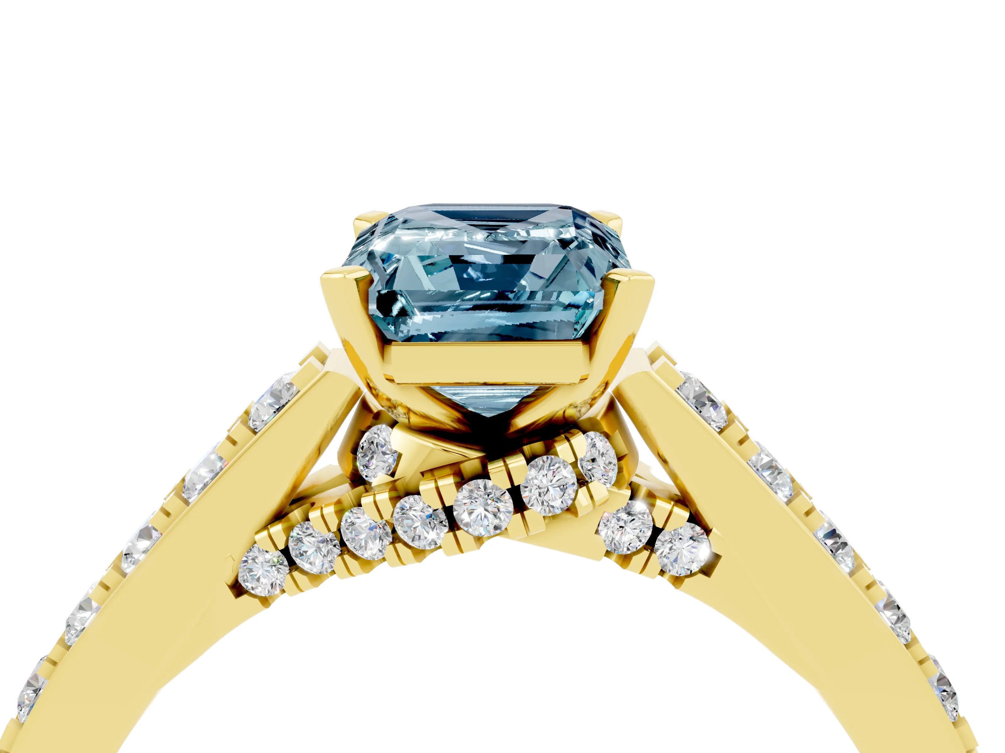 Yellow gold Emerald Cut Diamond Solitaire Ring with Pavé Band and Prong Setting_4