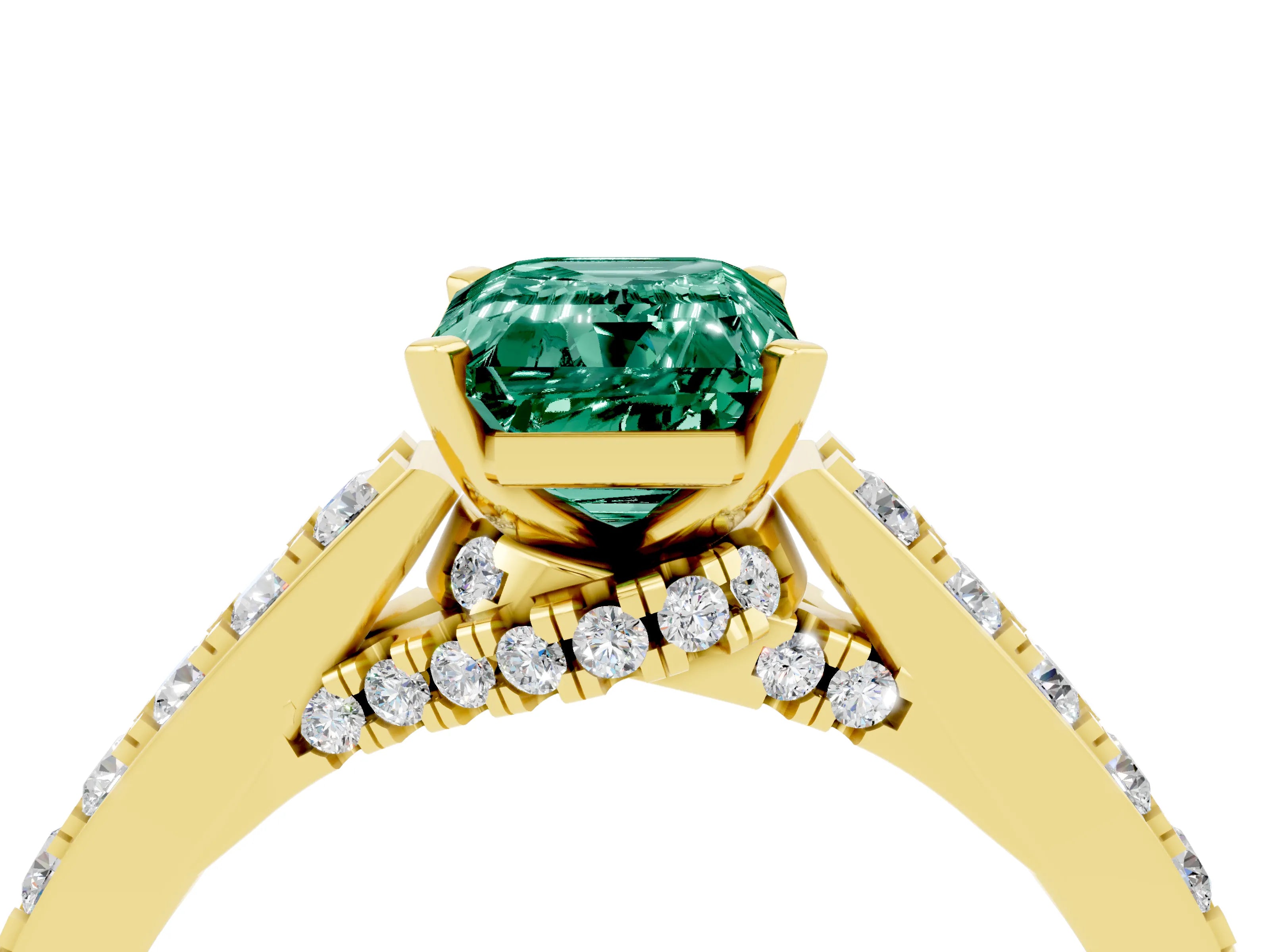 Yellow gold Emerald Cut Diamond Solitaire Ring with Pavé Band and Prong Setting_4