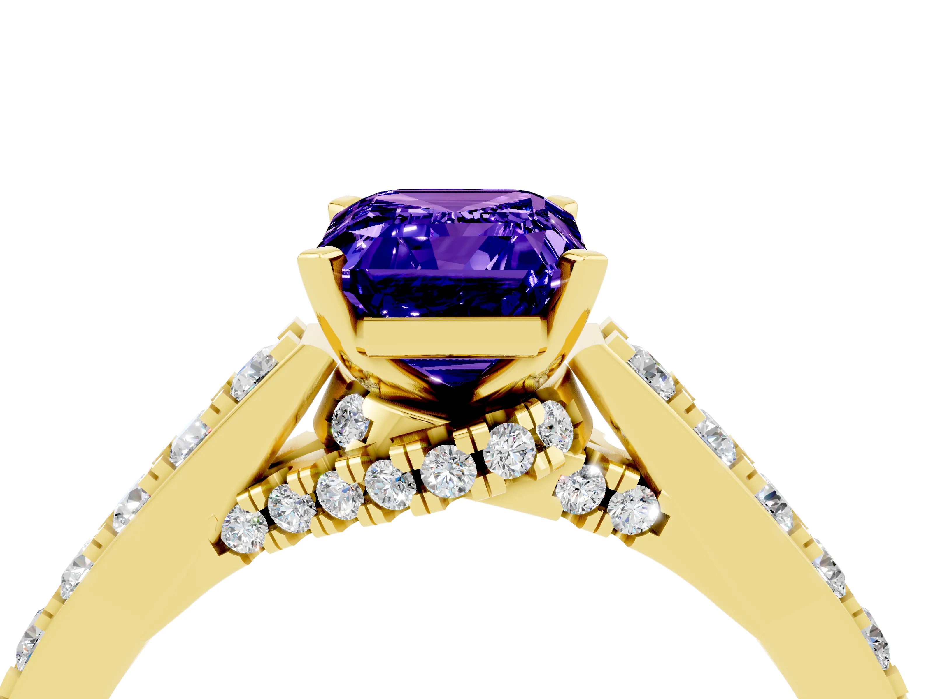 Yellow gold Emerald Cut Diamond Solitaire Ring with Pavé Band and Prong Setting_4