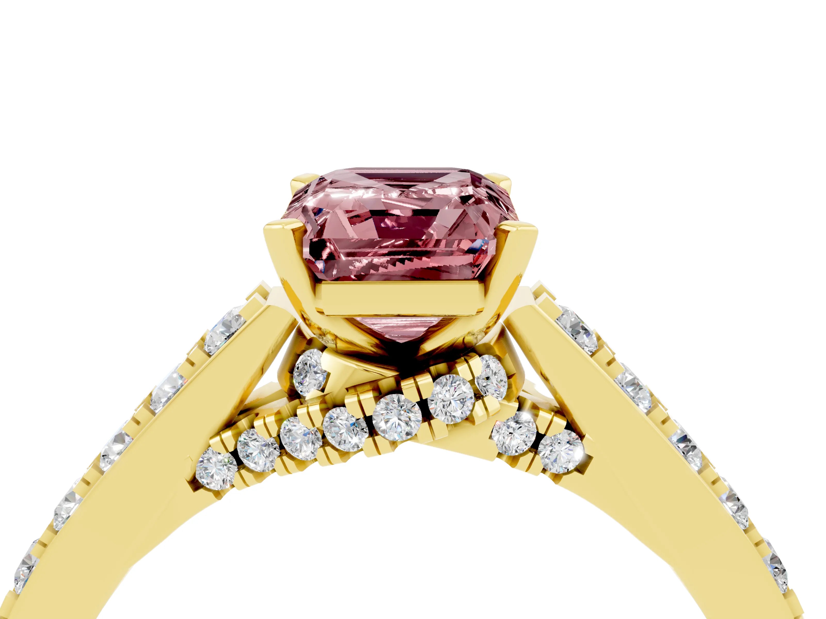 Yellow gold Emerald Cut Diamond Solitaire Ring with Pavé Band and Prong Setting_4