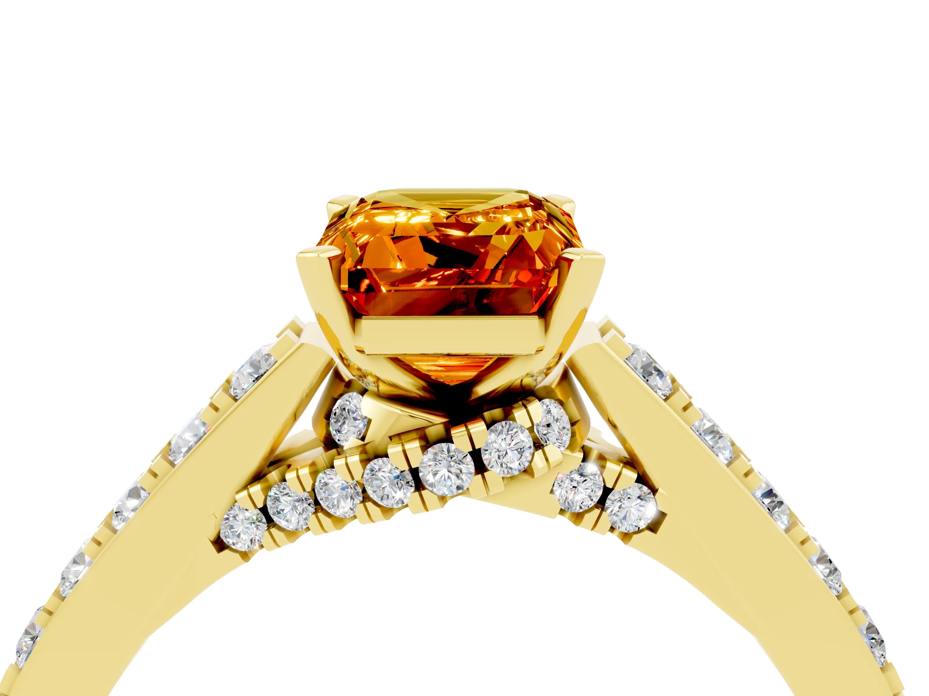 Yellow gold Emerald Cut Diamond Solitaire Ring with Pavé Band and Prong Setting_4