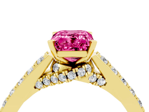 Yellow gold Emerald Cut Diamond Solitaire Ring with Pavé Band and Prong Setting_4