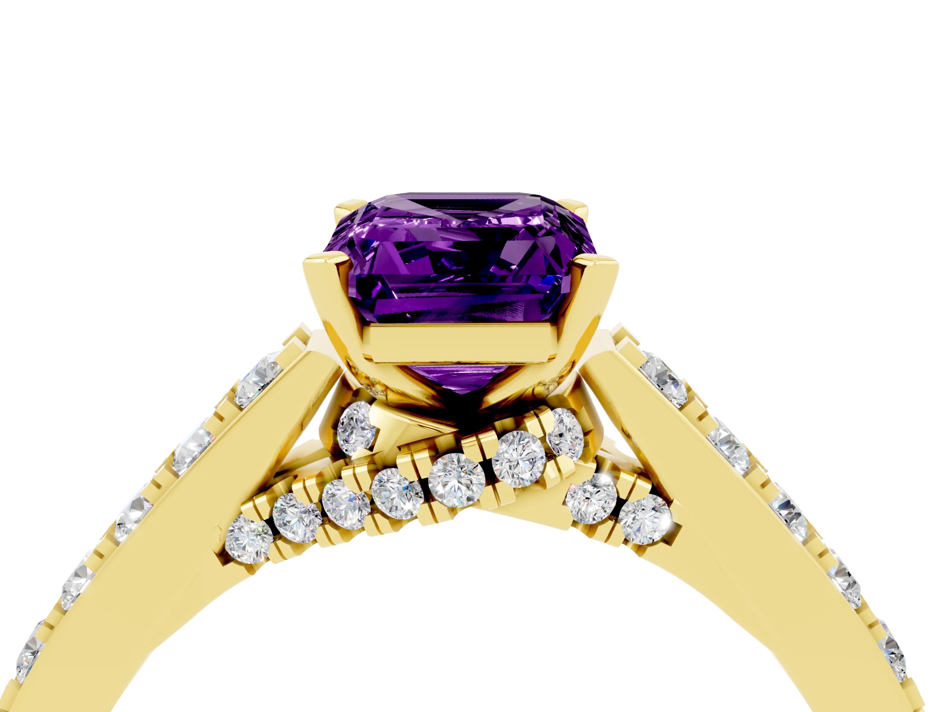 Yellow gold Emerald Cut Diamond Solitaire Ring with Pavé Band and Prong Setting_4
