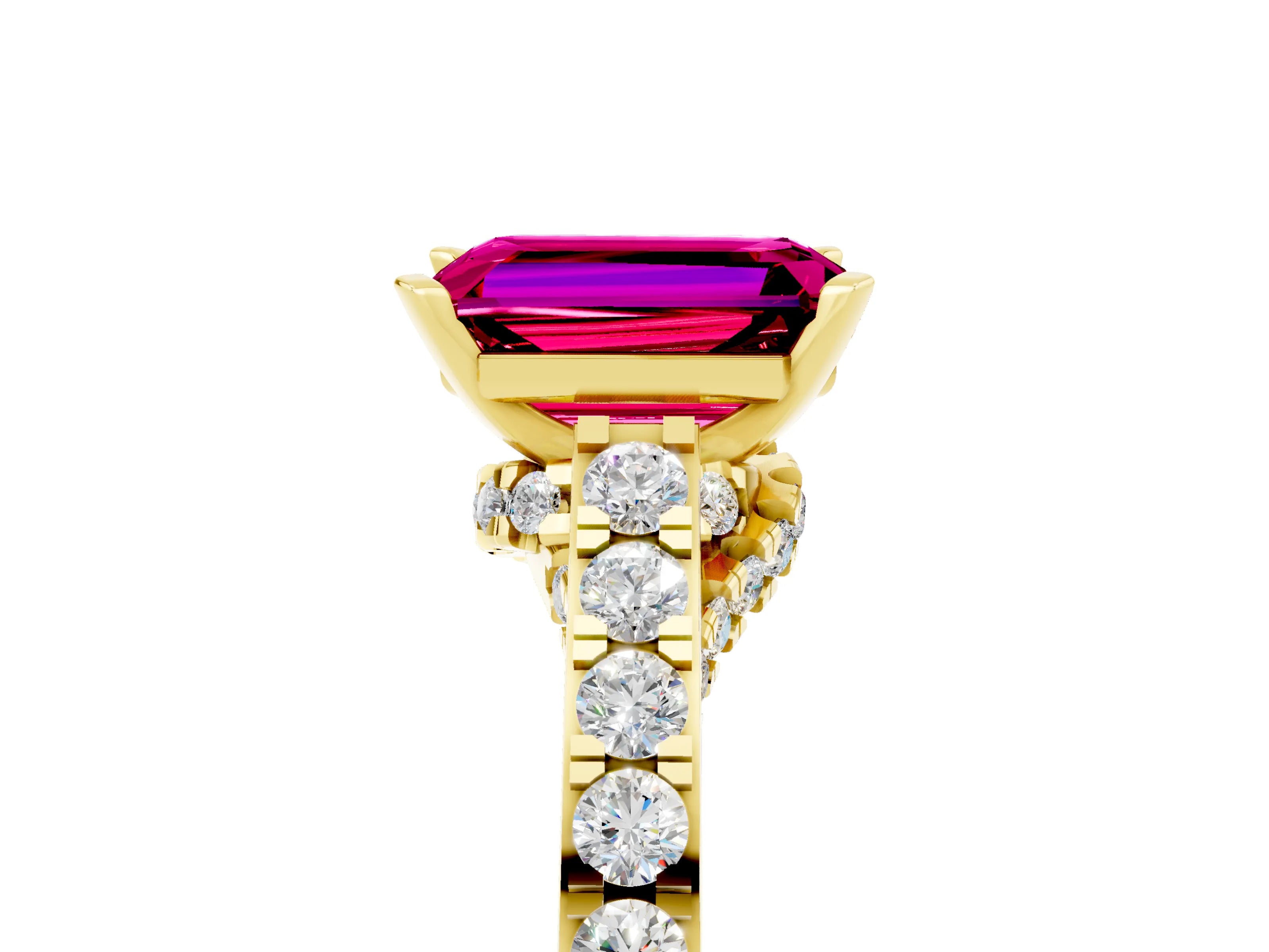 Yellow gold Emerald Cut Diamond Solitaire Ring with Pavé Band and Prong Setting_5