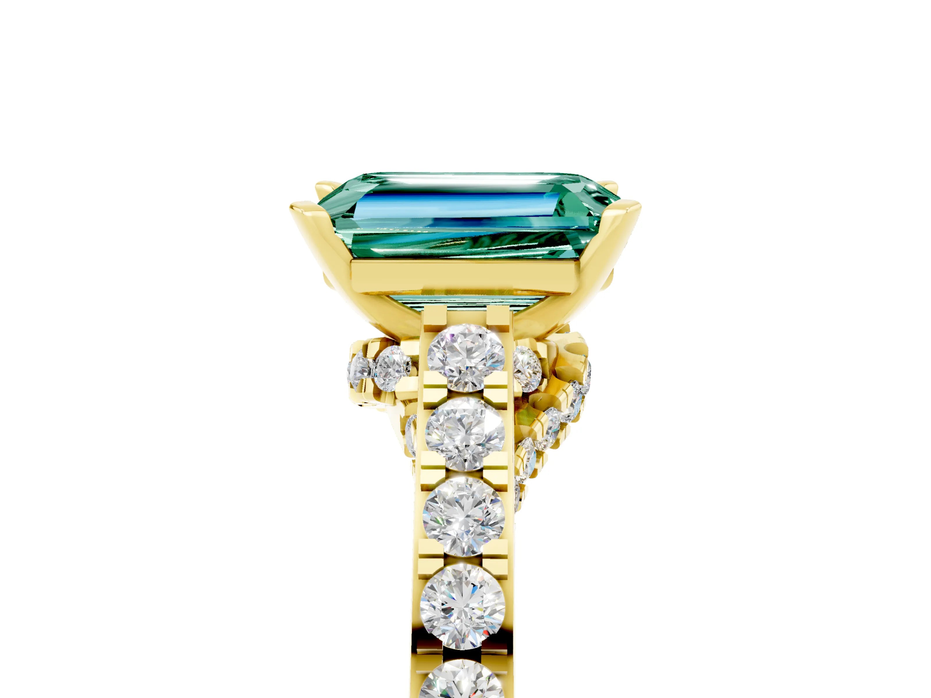 Yellow gold Emerald Cut Diamond Solitaire Ring with Pavé Band and Prong Setting_5
