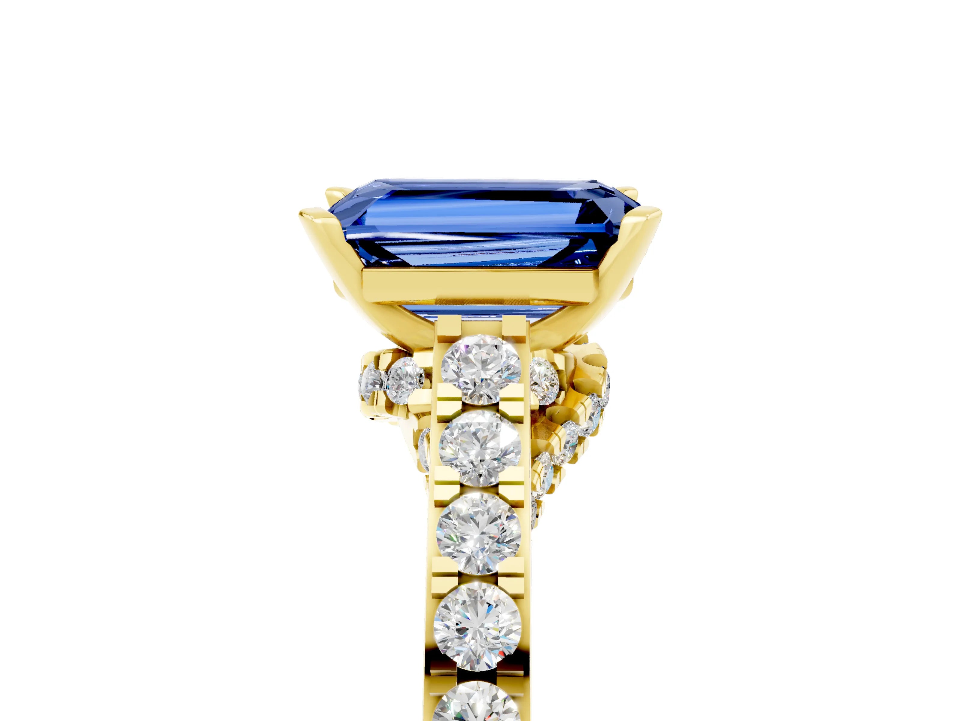 Yellow gold Emerald Cut Diamond Solitaire Ring with Pavé Band and Prong Setting_5