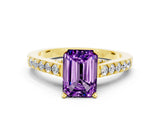 Yellow gold Emerald Cut Diamond Solitaire Ring with Pavé Band and Prong Setting