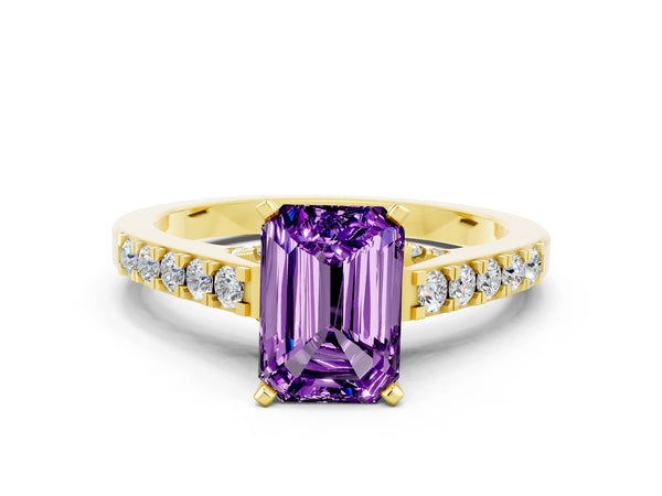 Yellow gold Emerald Cut Amethyst Solitaire Ring with Crossover Gallery and Round  Pavé Band