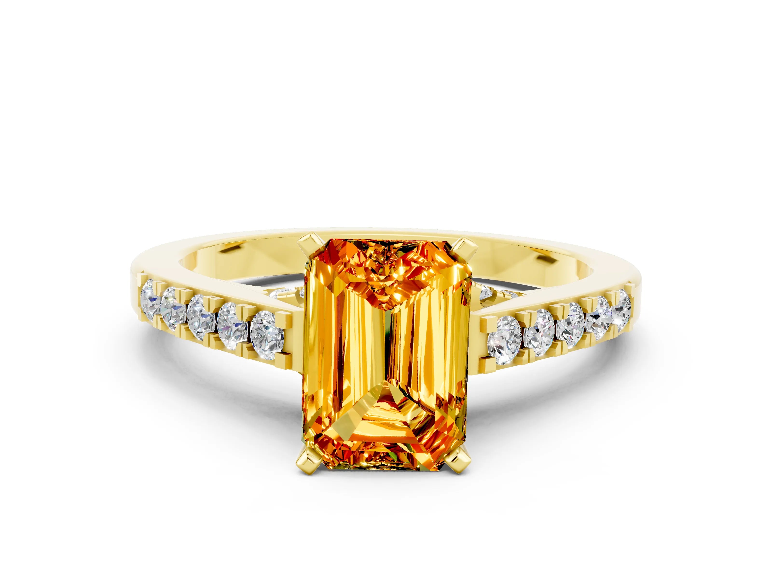 Yellow gold Emerald Cut Diamond Solitaire Ring with Pavé Band and Prong Setting
