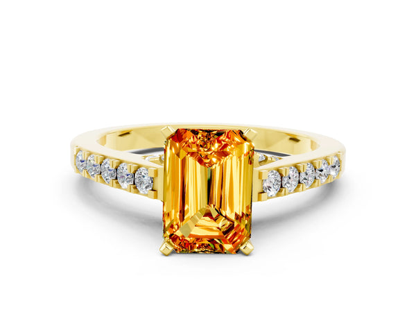 Yellow gold Emerald Cut Citrine Solitaire Ring with Crossover Gallery and Round  Pavé Band