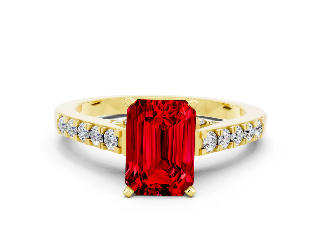 Yellow gold Emerald Cut Diamond Solitaire Ring with Pavé Band and Prong Setting