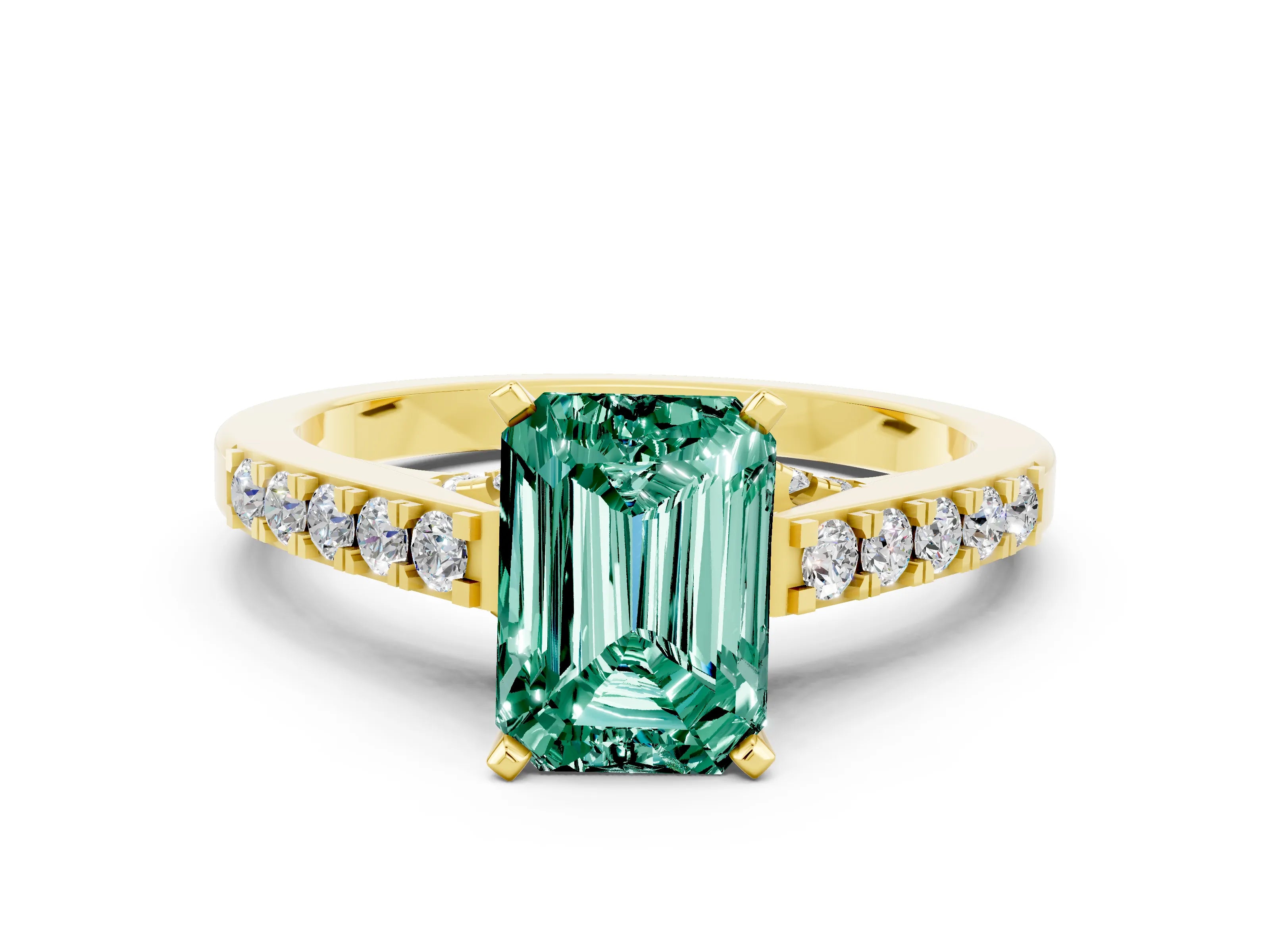 Yellow gold Emerald Cut Diamond Solitaire Ring with Pavé Band and Prong Setting