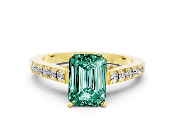 Yellow gold Emerald Cut Green Sapphire Solitaire Ring with Crossover Gallery and Round  Pavé Band