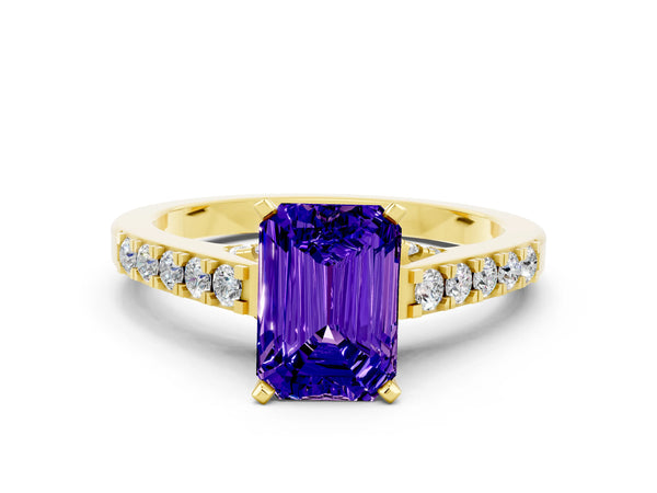 Yellow gold Emerald Cut Tanzanite Solitaire Ring with Crossover Gallery and Round  Pavé Band