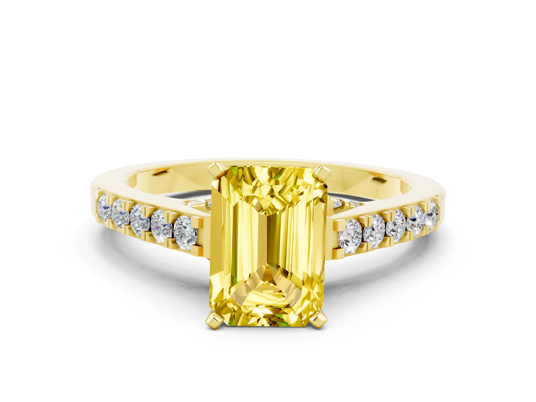 Yellow gold Emerald Cut Diamond Solitaire Ring with Pavé Band and Prong Setting