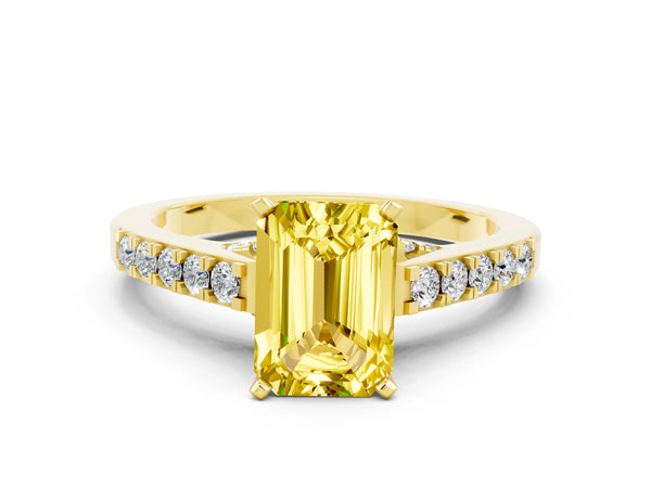 Yellow gold Emerald Cut Yellow Sapphire Solitaire Ring with Crossover Gallery and Round  Pavé Band