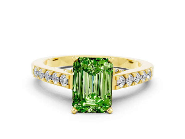 Yellow gold Emerald Cut Peridot Solitaire Ring with Crossover Gallery and Round  Pavé Band