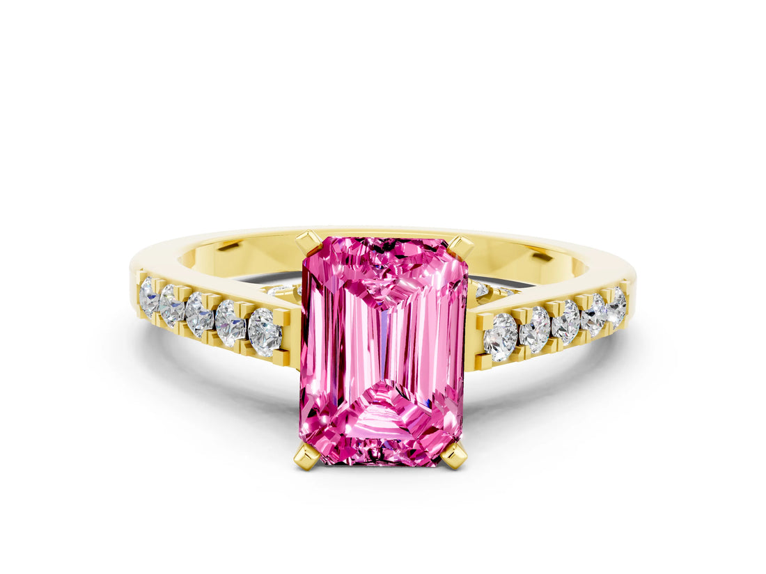 Yellow gold Emerald Cut Diamond Solitaire Ring with Pavé Band and Prong Setting