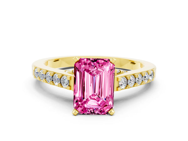 Yellow gold Emerald Cut Pink Sapphire Solitaire Ring with Crossover Gallery and Round  Pavé Band