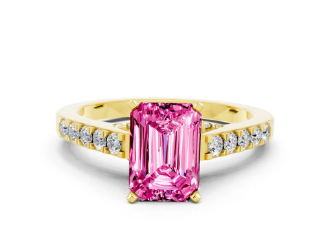 Yellow gold Emerald Cut Diamond Solitaire Ring with Pavé Band and Prong Setting