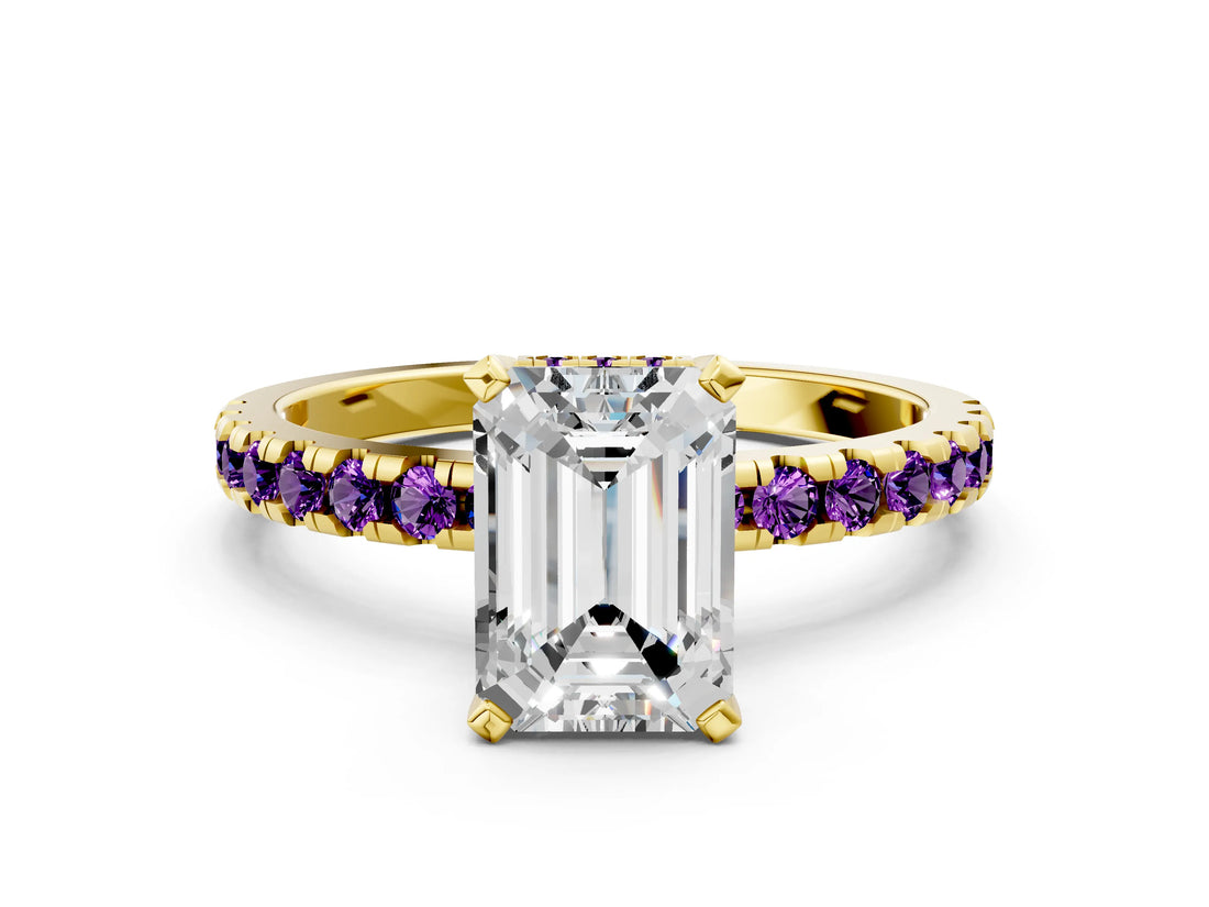Yellow gold Emerald Cut Diamond Solitaire Ring with Round with Amethyst side stone Pavé Band and Four-Prong Setting_36