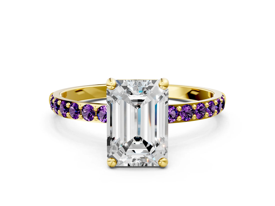 Yellow gold Emerald Cut Diamond Solitaire Ring with Round with Amethyst side stone Pavé Band and Prong Setting_12