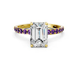 Yellow gold Emerald Cut Diamond Solitaire Ring with Round with Amethyst side stone Pavé Band and Prong Setting_12
