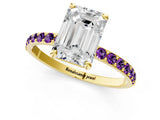 Yellow gold Emerald Cut Diamond Solitaire Ring with Round with Amethyst side stone Pavé Band and Prong Setting_13