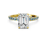 Yellow gold Emerald Cut Diamond Solitaire Ring with Round with Aquamarine side stone Pavé Band and Prong Setting_24